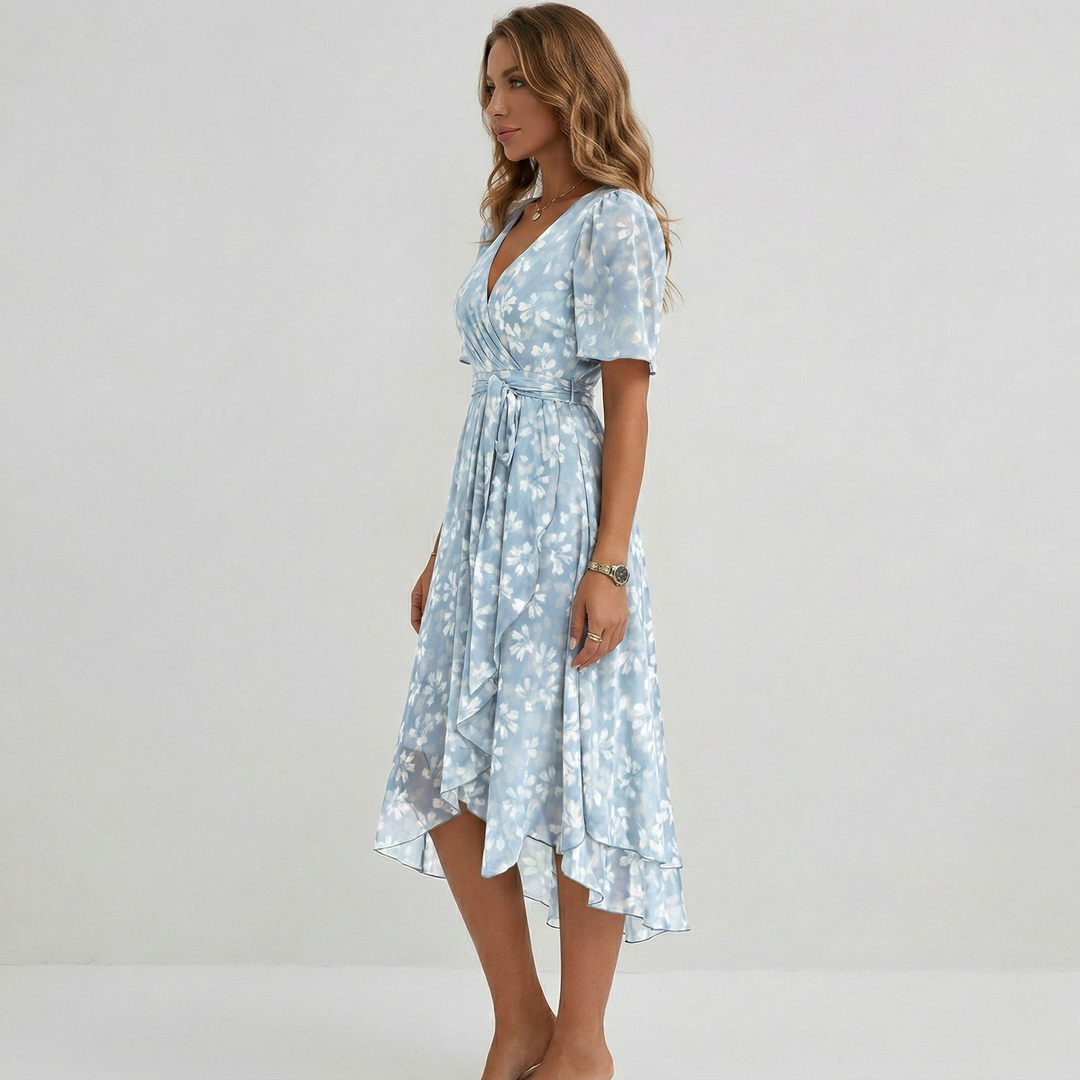 Casual women's floral wrap midi dress, short sleeve A-line. Great for beach, vacation, or daily wear.