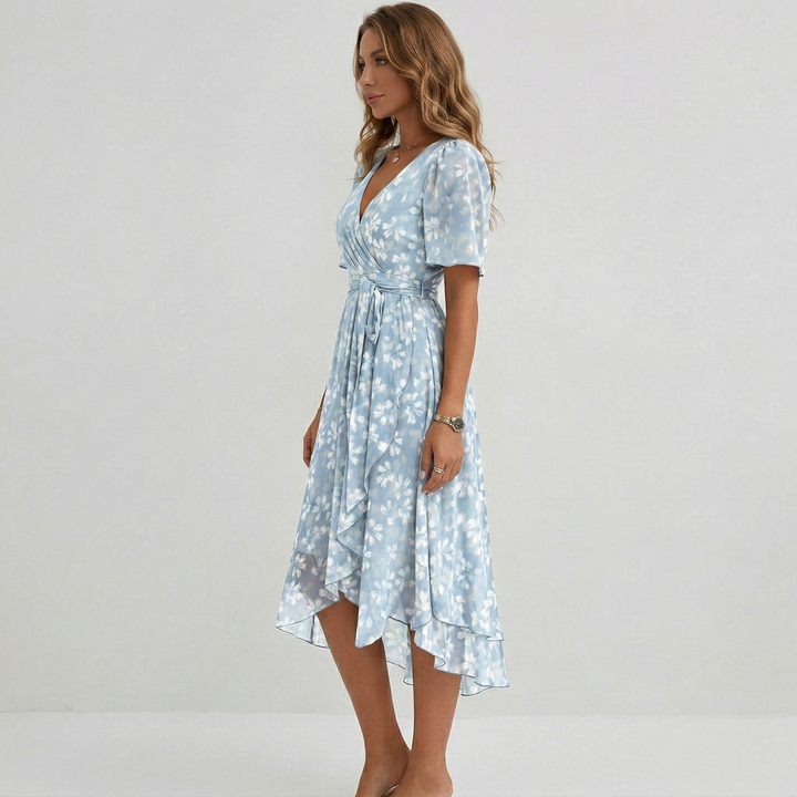 Casual women's floral wrap midi dress, short sleeve A-line. Great for beach, vacation, or daily wear.