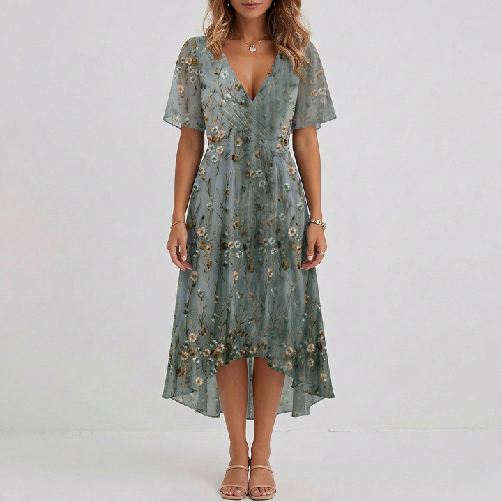 Versatile women's floral print short sleeve wrap midi dress. A-line design, perfect for warm weather.