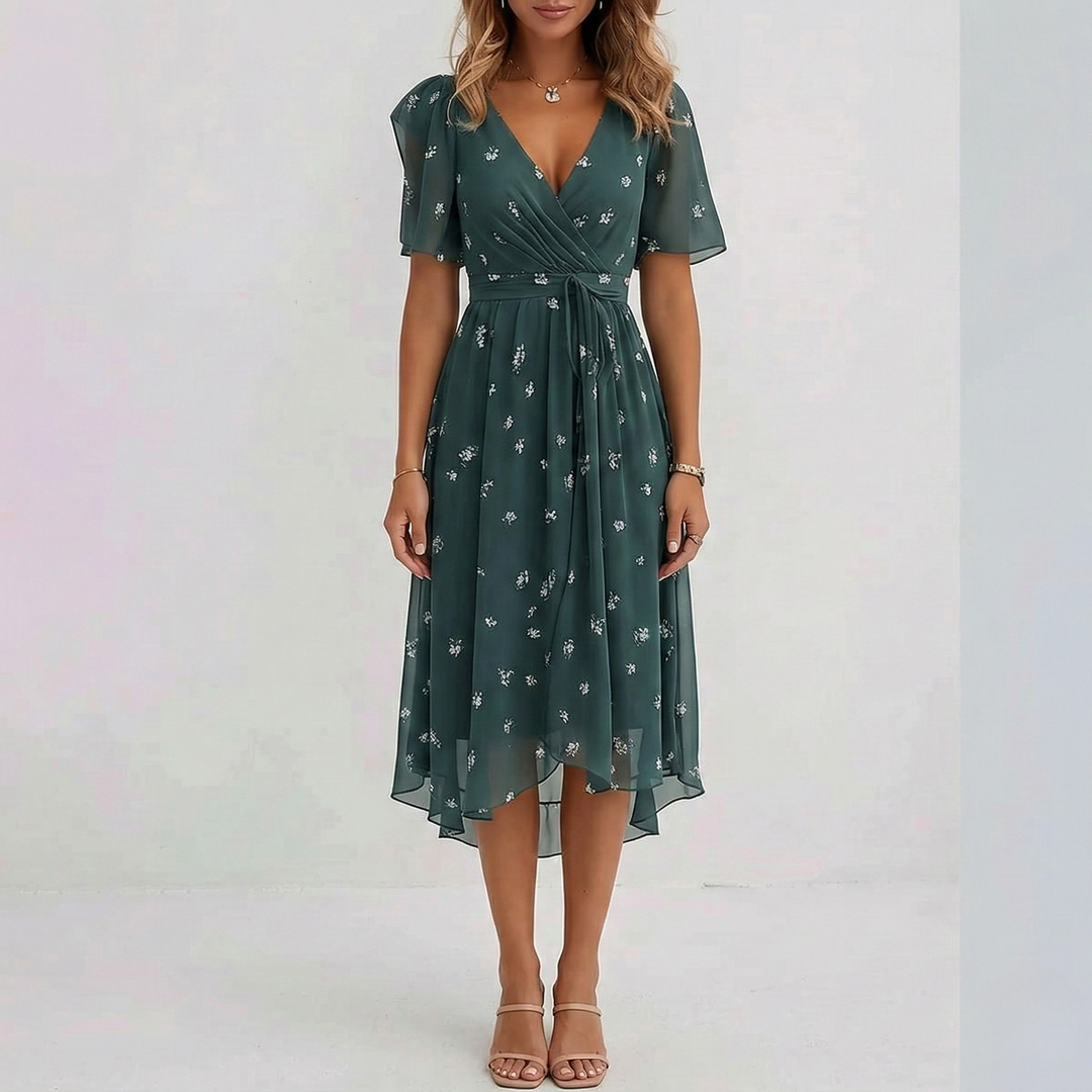 Chic women's floral A-line wrap midi dress with short sleeves. Ideal spring/summer beach & vacation dress.