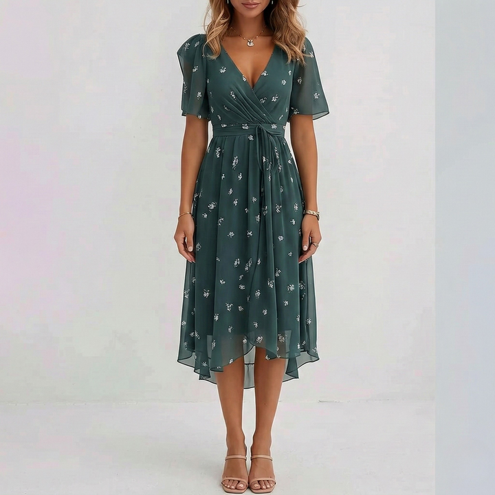 Chic women's floral A-line wrap midi dress with short sleeves. Ideal spring/summer beach & vacation dress.