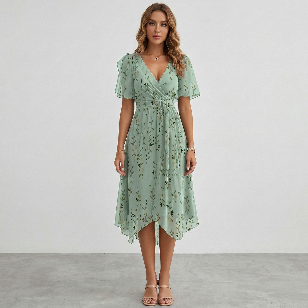 Women's short sleeve floral print wrap midi dress. A-line style, elegant for spring/summer casual.