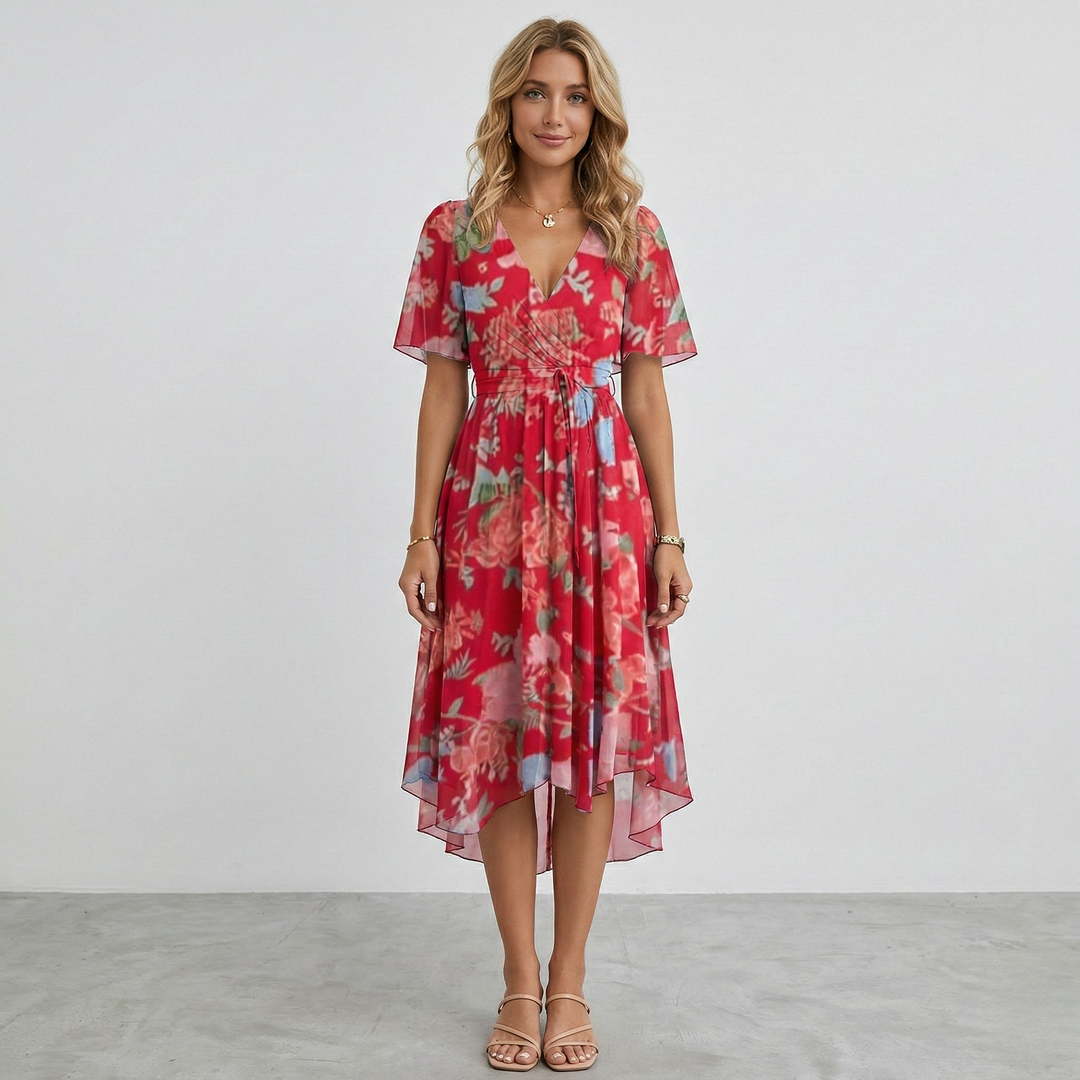 Flowy women's floral wrap midi dress, short sleeve A-line. Stylish for summer parties & vacations.