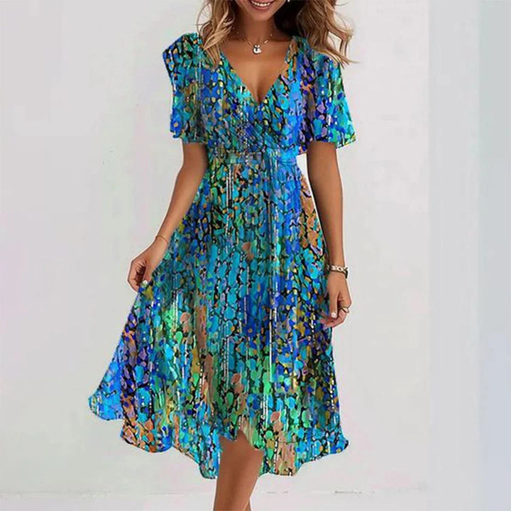 Elegant women's floral wrap midi dress, V-neck, short sleeve, ideal for spring fashion & summer events.