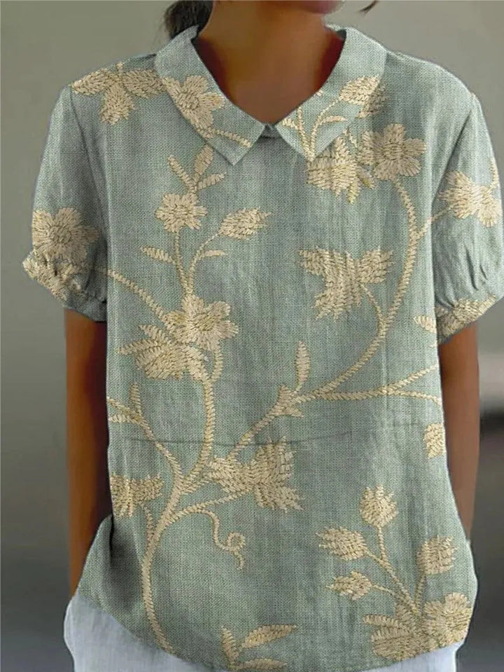 Women's floral printed Peter Pan collar short sleeve blouse, perfect for casual summer wear.