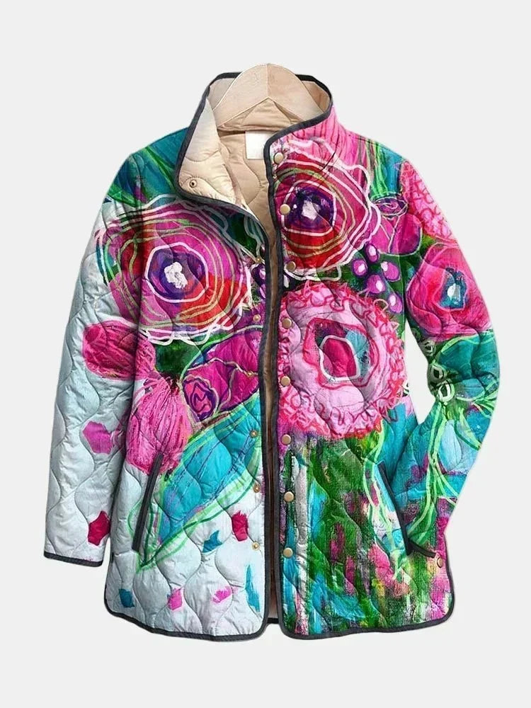 Women's floral quilted jacket with stand collar & snap buttons. Stylish casual outerwear for fall & spring fashion.