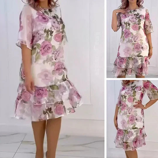 Women's floral rose print tiered midi dress with short sleeves, perfect for summer occasions and elegant wear.