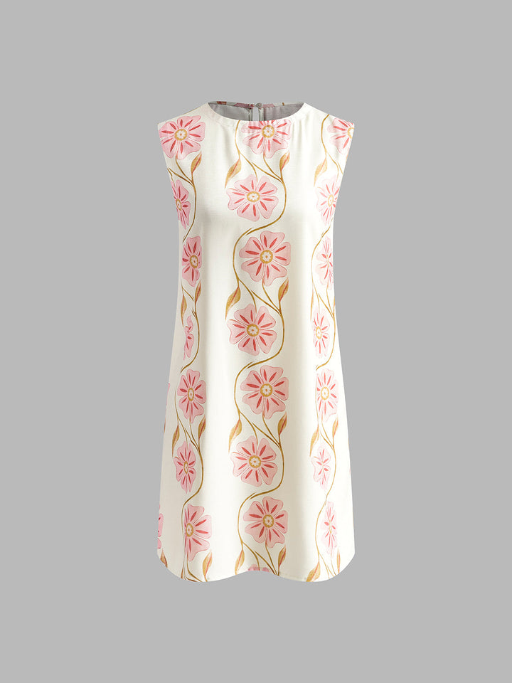 Beautiful floral pattern mini dress for women, sleeveless and crew neck style, ideal as a summer casual dress.