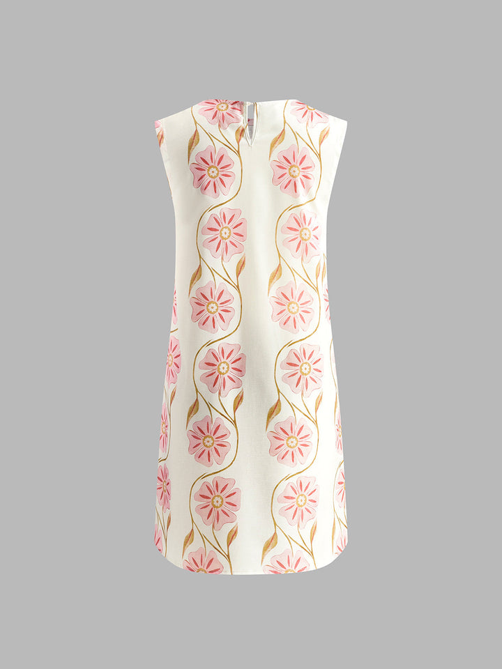 Women's summer floral mini dress, sleeveless with a crew neck, perfect for casual fashion & warm weather.