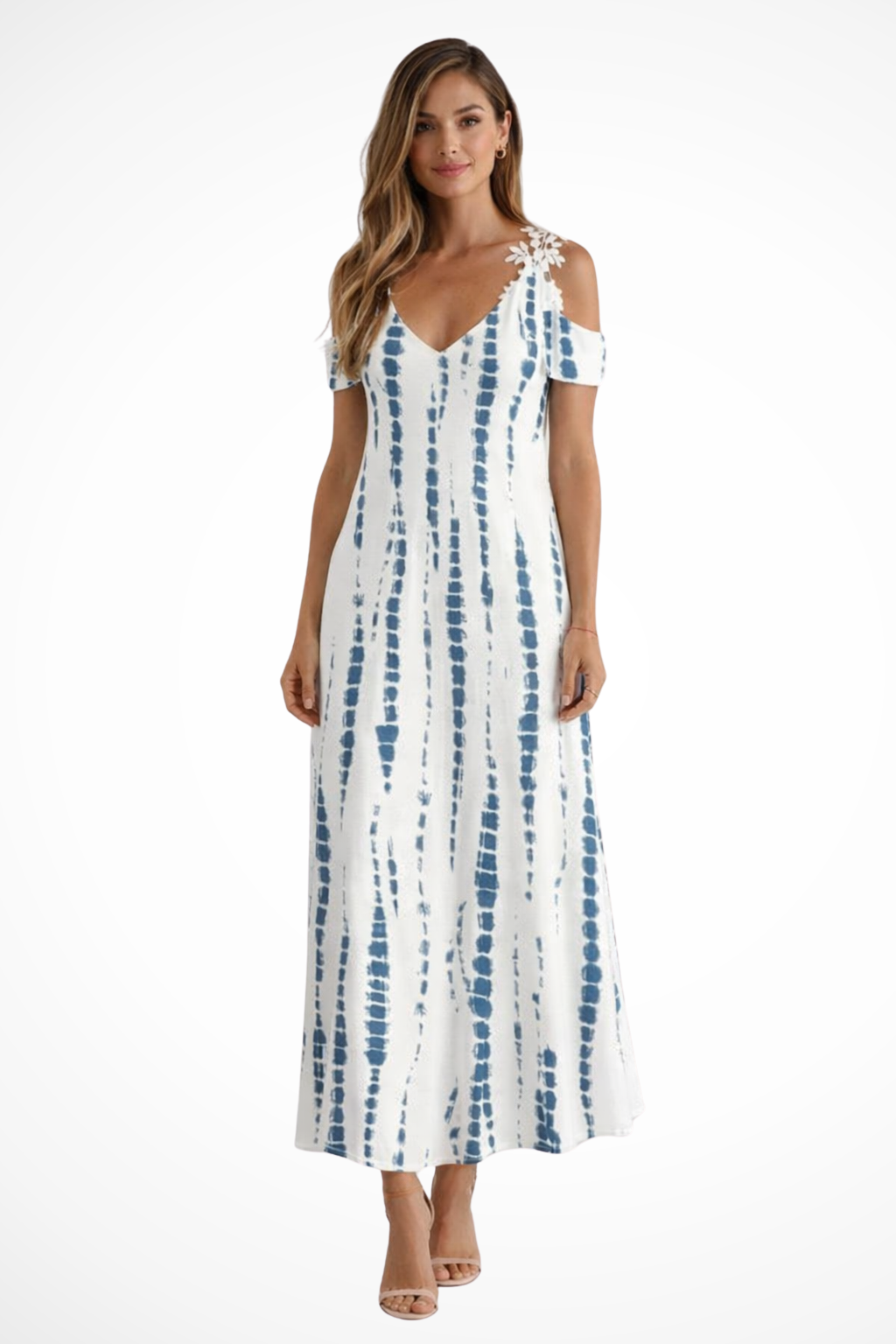 Floral print sleeveless maxi dress with V-neck and cold shoulder details, a chic summer outfit for women.