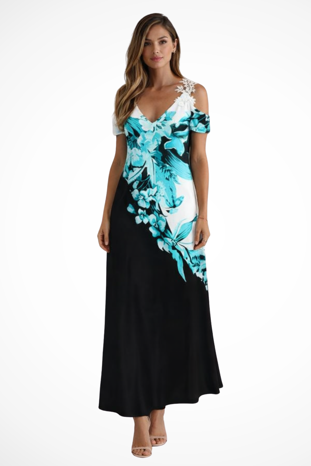 V-neck floral sleeveless maxi dress for women, an elegant summer dress for vacation or casual wear.