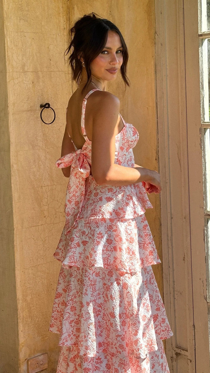 Elegant floral tiered maxi dress for women, a stunning and fashionable choice for any wedding guest.