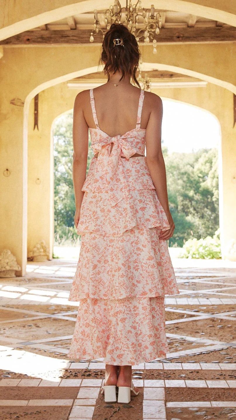 Comfortable women's floral print tiered maxi dress, a stylish and breathable choice for summer weddings.