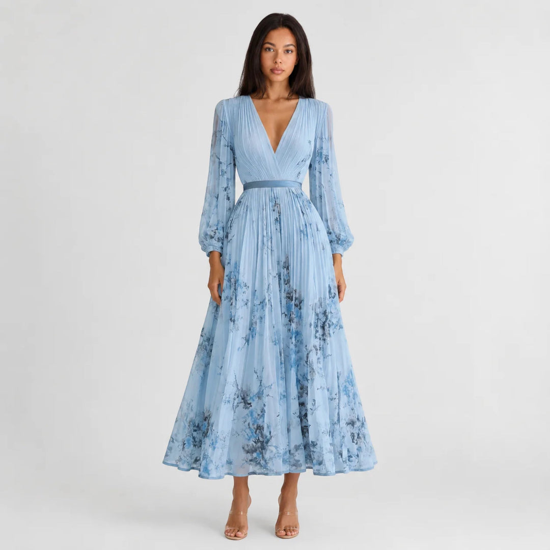 Women's floral V-neck A-line pleated midi summer dress, elegant and casual.