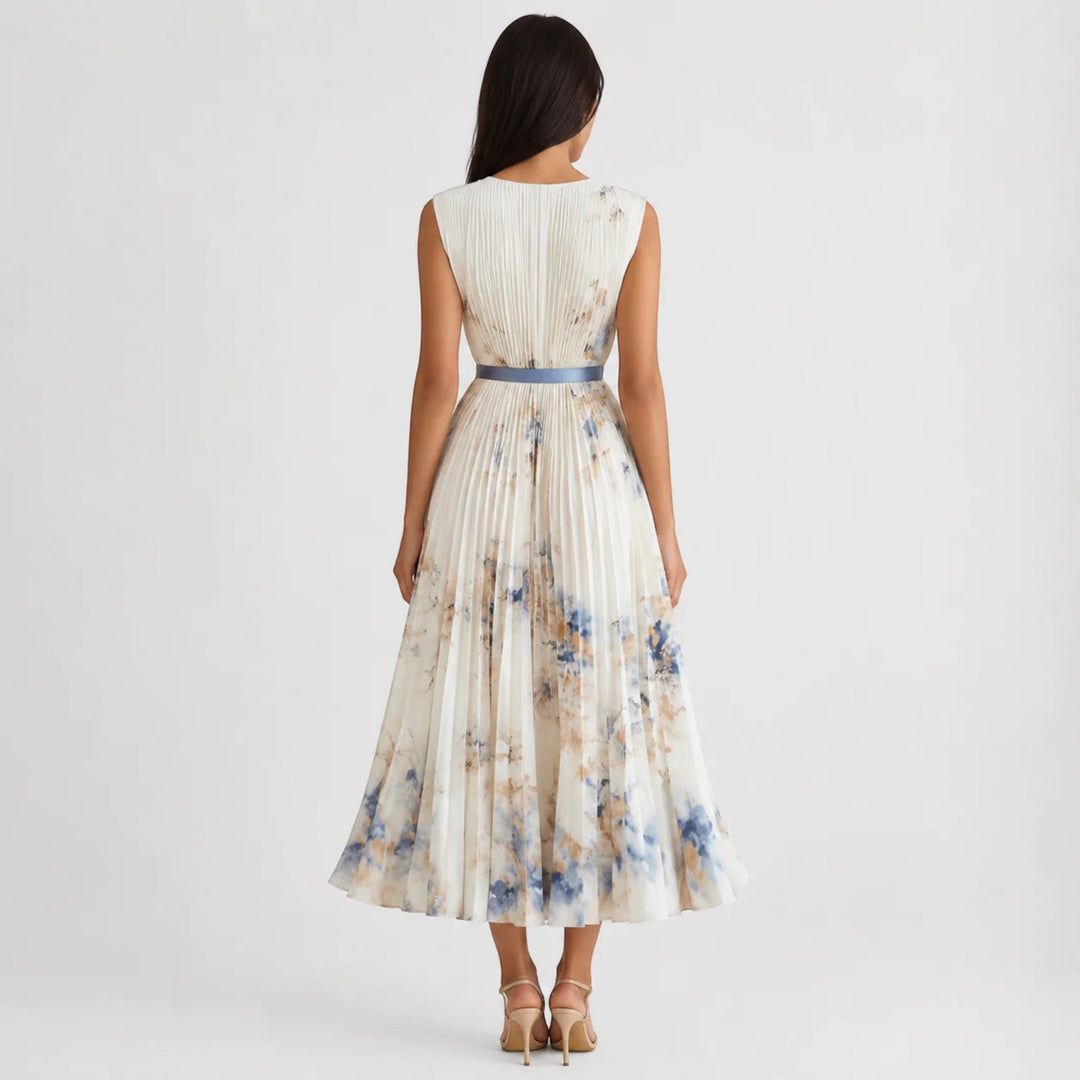 Ladies' floral V-neck summer dress, A-line cut with elegant pleats, sleeveless.