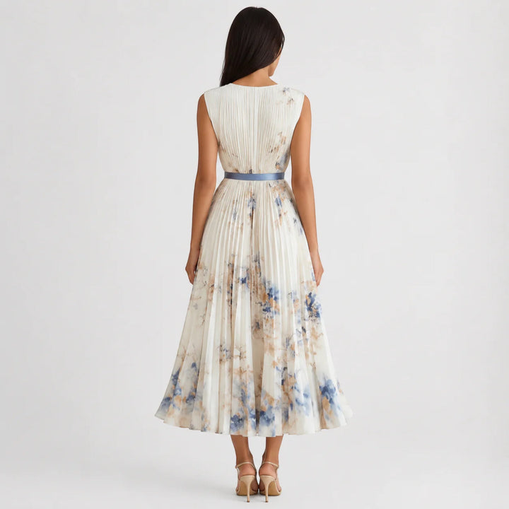 Ladies' floral V-neck summer dress, A-line cut with elegant pleats, sleeveless.