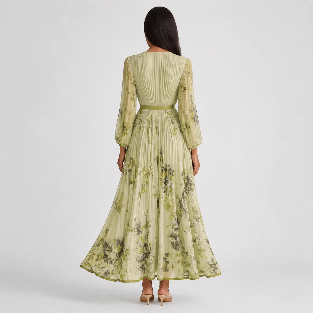 V-neck floral midi dress, women's sleeveless A-line for summer events.