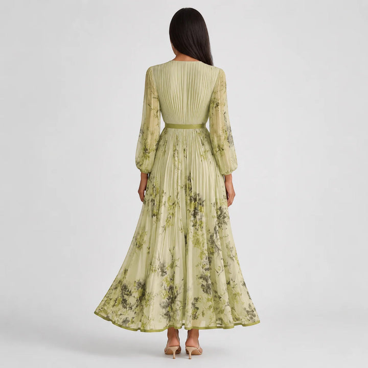 V-neck floral midi dress, women's sleeveless A-line for summer events.