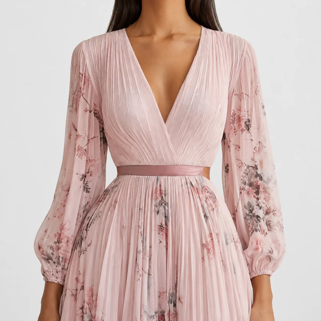Women's vacation floral dress, V-neck, A-line pleated midi style, comfortable.
