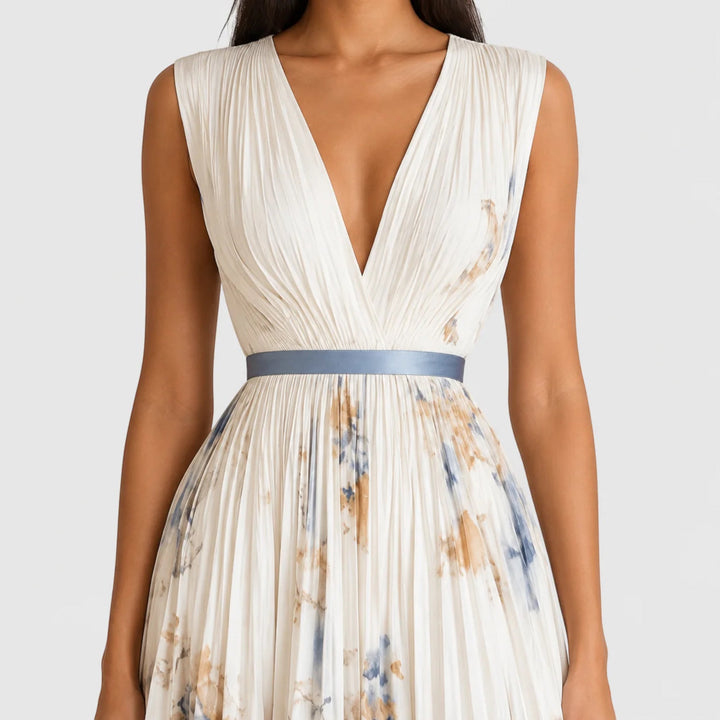 Sleeveless floral midi dress, women's V-neck A-line for comfortable summer days.