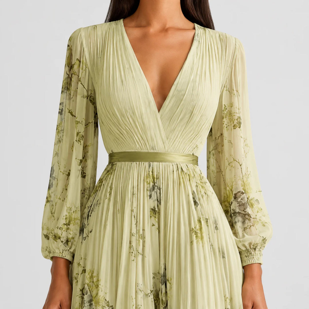 Summer floral print V-neck dress, women's pleated A-line midi length, fashionable.