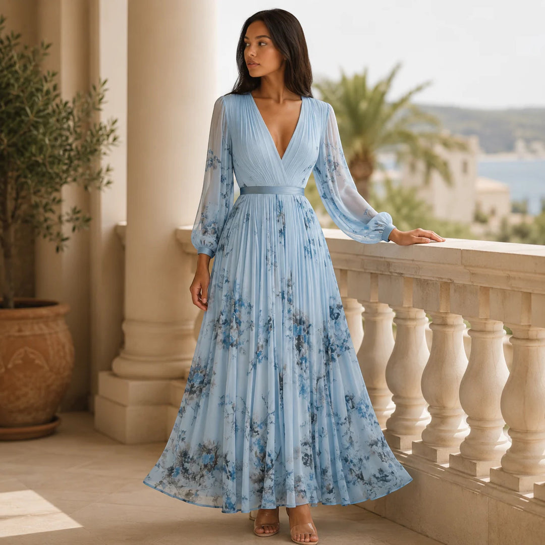 Elegant ladies' floral midi dress, V-neck, A-line pleated for summer casual or party.
