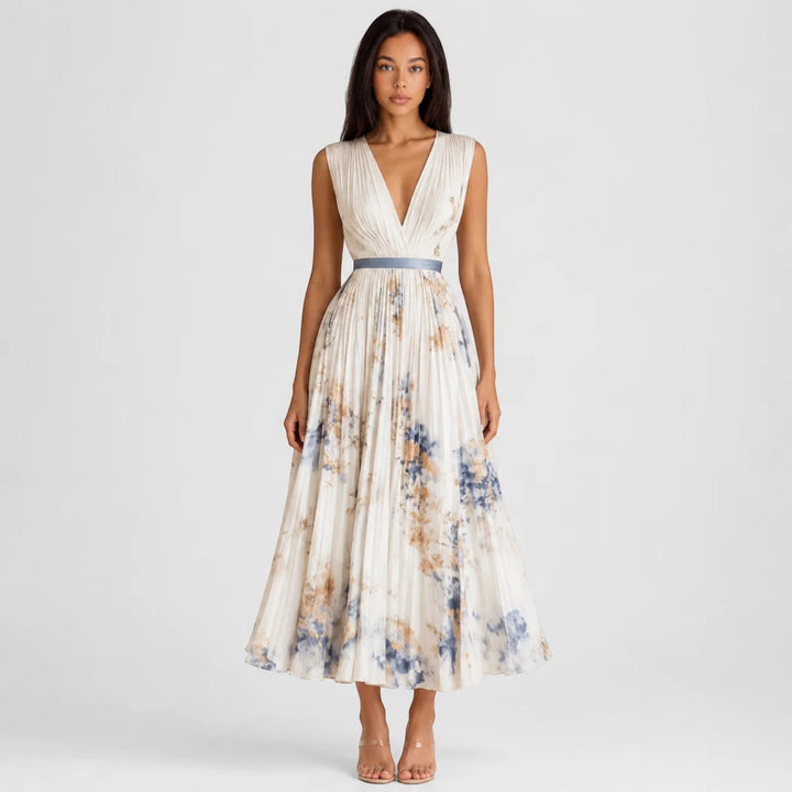 Elegant floral print V-neck midi dress for women, perfect for summer vacation.