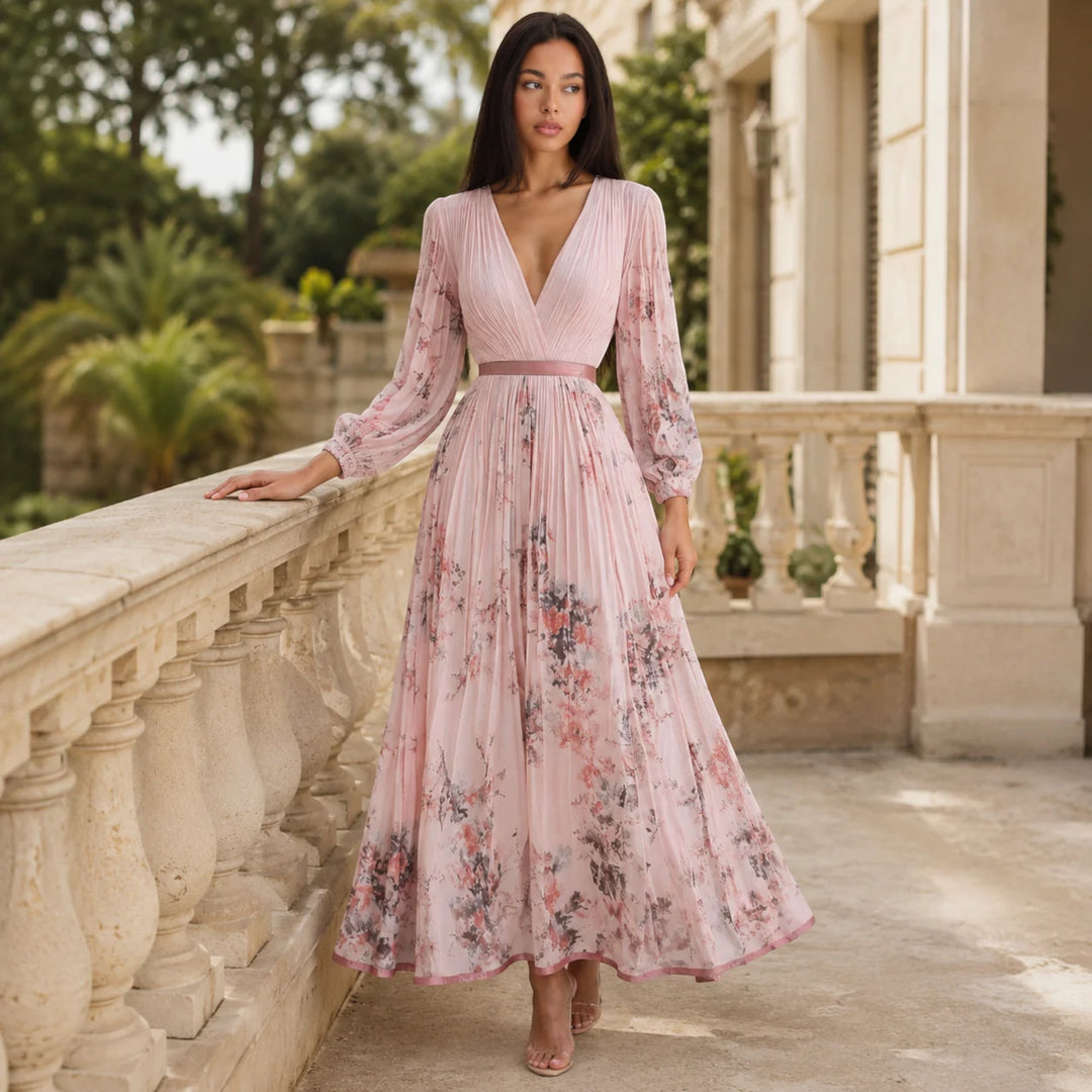 Fashionable floral V-neck summer midi dress, women's A-line pleated design.