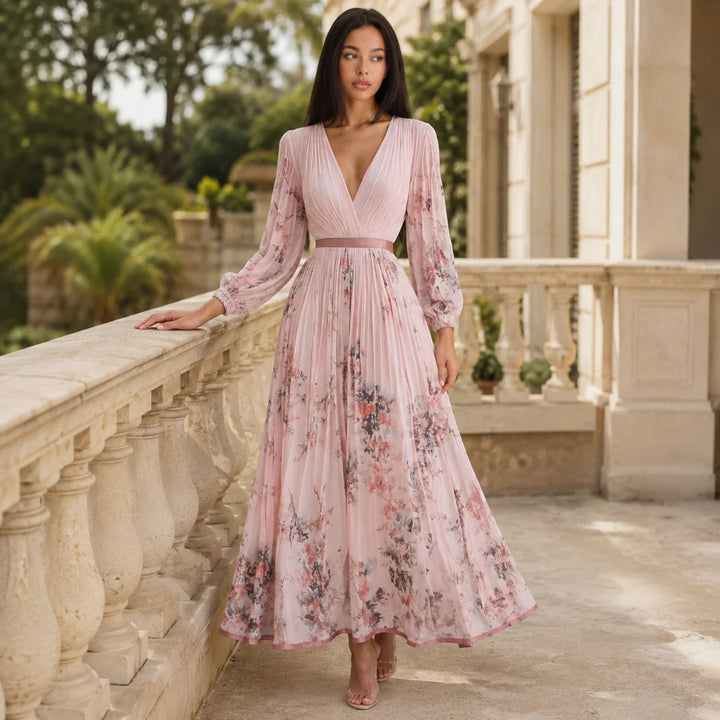 Fashionable floral V-neck summer midi dress, women's A-line pleated design.