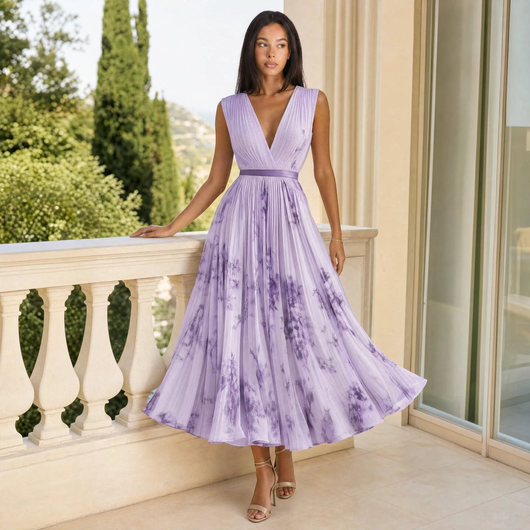 Comfortable women's floral V-neck pleated midi dress, A-line for summer style.