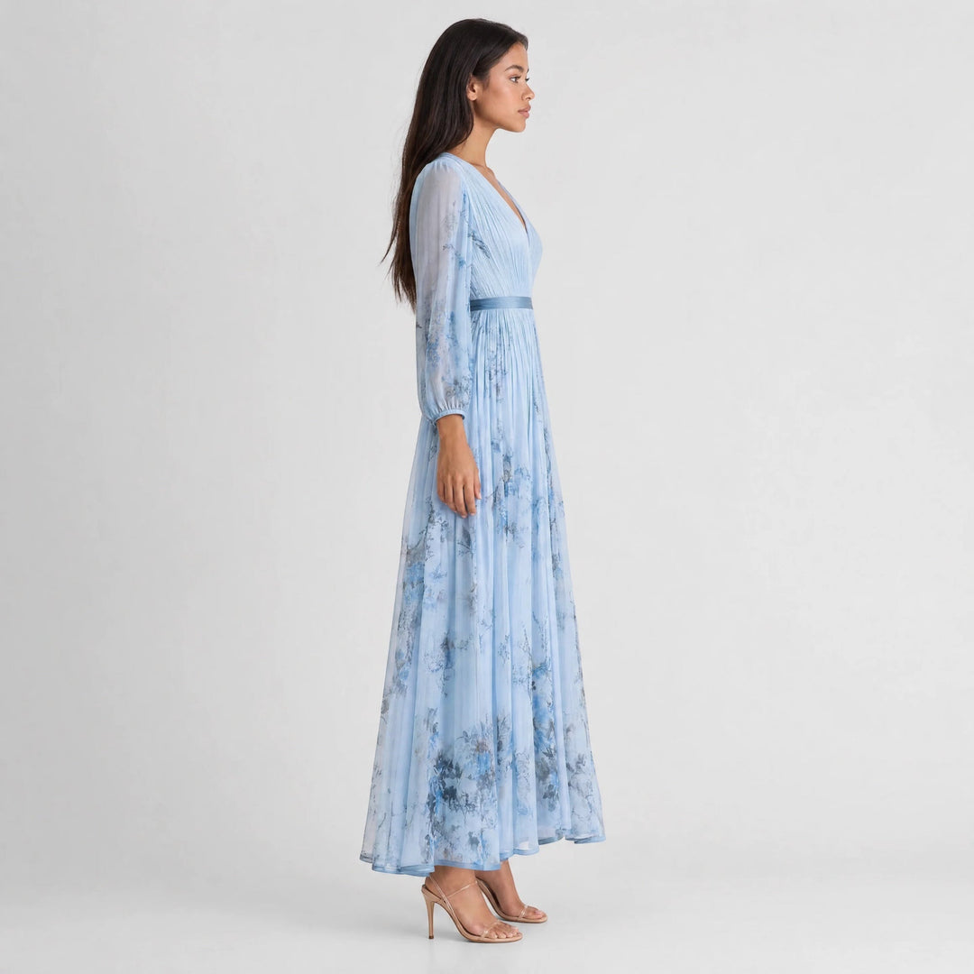 Casual V-neck floral midi dress, women's A-line pleated, perfect for summer fashion.
