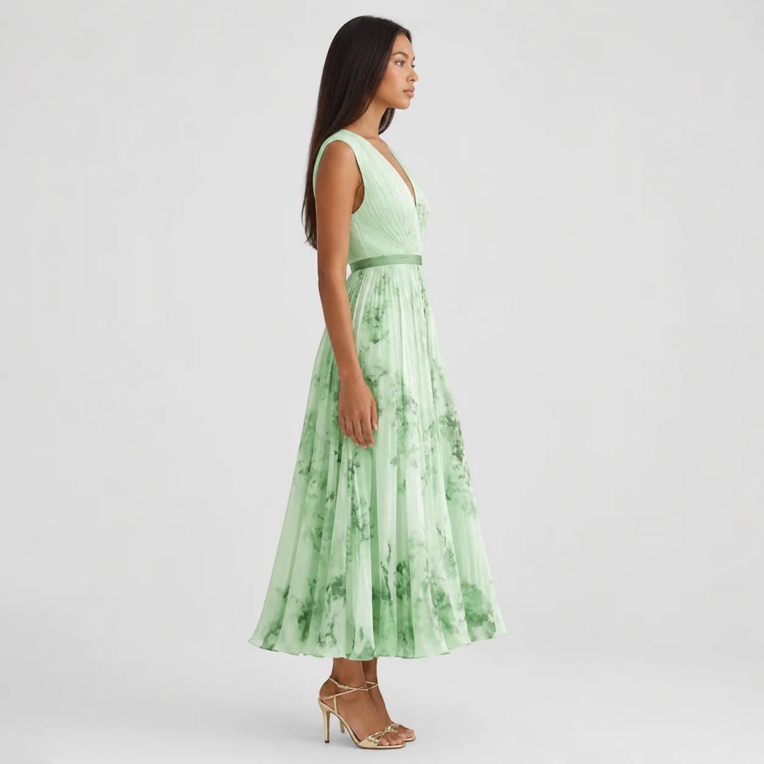 Chic women's floral summer midi dress, V-neck, pleated A-line silhouette.
