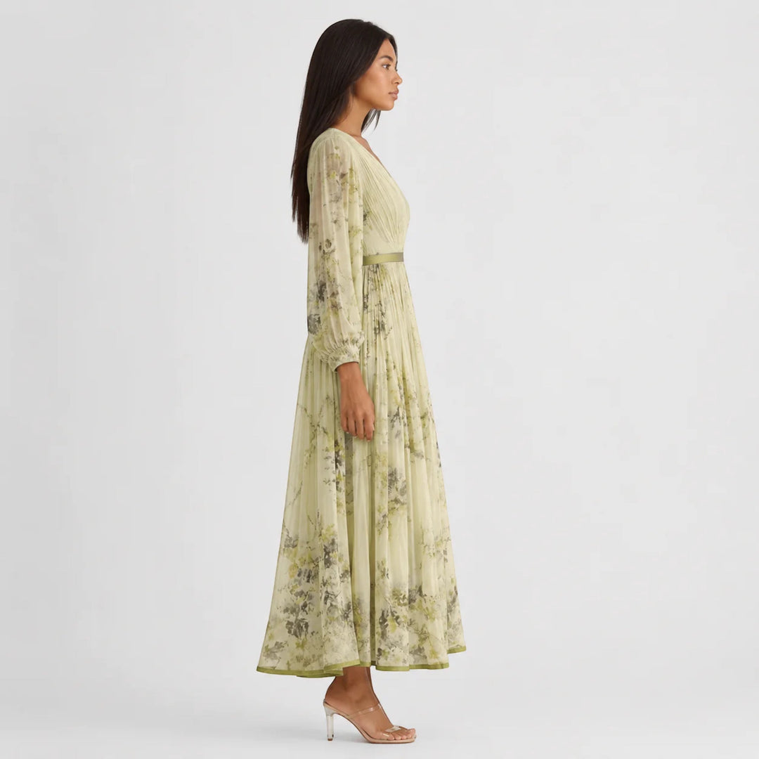 Elegant women's floral A-line pleated midi dress, V-neck for summer events.
