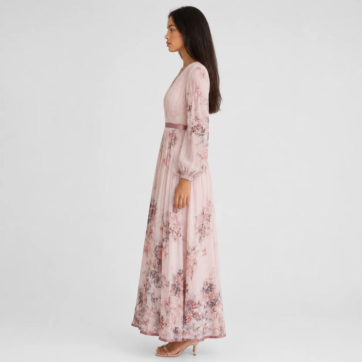 Summer floral V-neck dress, women's pleated A-line midi, comfortable and stylish.