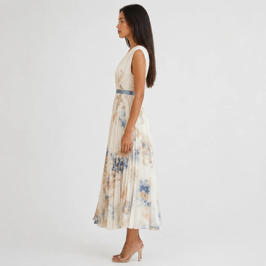 Women's floral V-neck A-line pleated midi dress, perfect for summer casual & party.