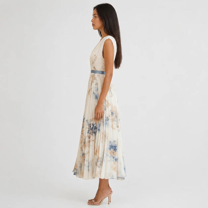 Women's floral V-neck A-line pleated midi dress, perfect for summer casual & party.