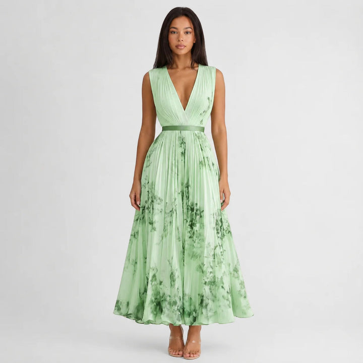 Sleeveless V-neck floral midi dress for women, ideal for summer party fashion.