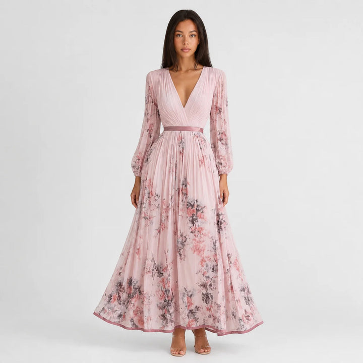 Vibrant floral V-neck midi dress, perfect for a summer party or elegant event.