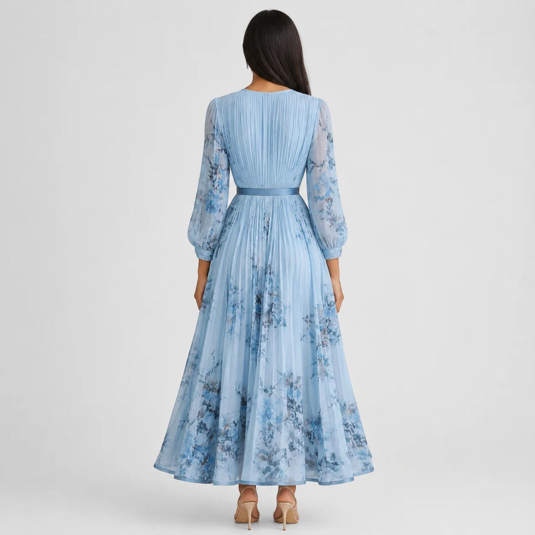 Comfortable A-line floral dress for women, featuring a V-neck and pleats, summer wear.
