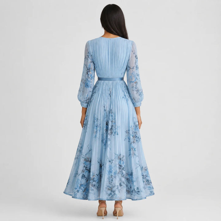 Comfortable A-line floral dress for women, featuring a V-neck and pleats, summer wear.