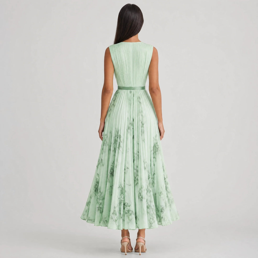 Summer floral midi dress for women, elegant V-neck and pleated A-line style.