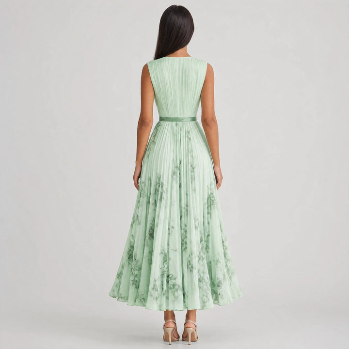 Summer floral midi dress for women, elegant V-neck and pleated A-line style.