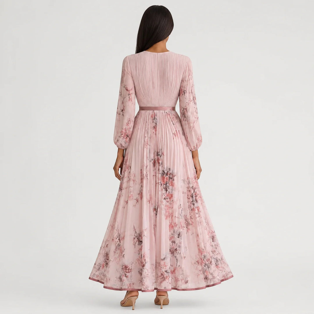 Women's pleated A-line floral dress, V-neck, great for casual summer fashion.