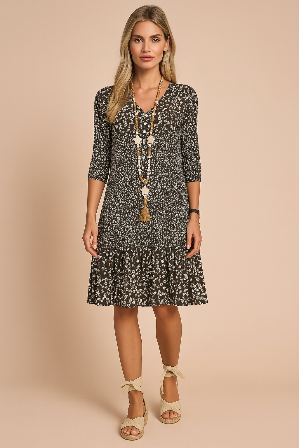 Comfortable women's floral V-neck boho dress. Ideal casual summer dress with 3/4 sleeves for elegant style.