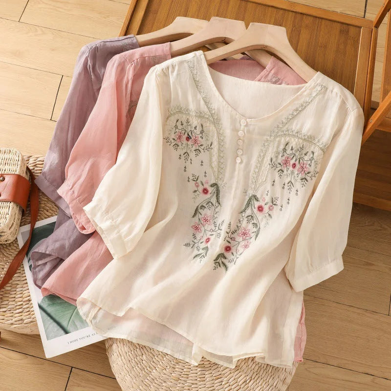 Women's floral V-neck Henley blouse with 3/4-sleeves, relaxed fit. Perfect for casual elegant spring/summer wear.
