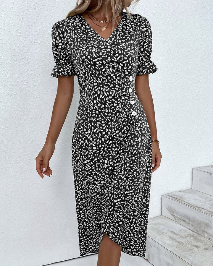 Full length: Women's Floral V-Neck Midi Wrap Dress with flattering short sleeves, elegant summer fashion.