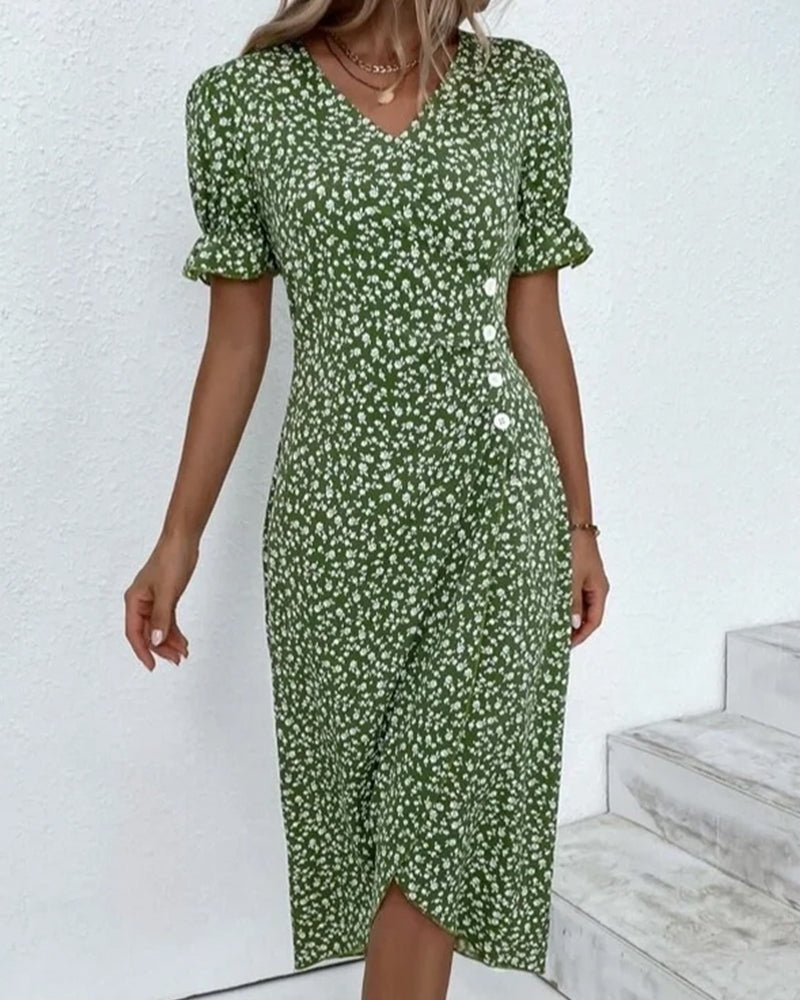 Side view: Elegant floral midi wrap dress for women with V-neck, short sleeves, and summer style.