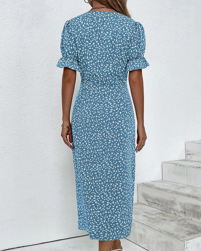 Feminine floral midi wrap dress with short sleeves and V-neck, perfect casual summer style for women.