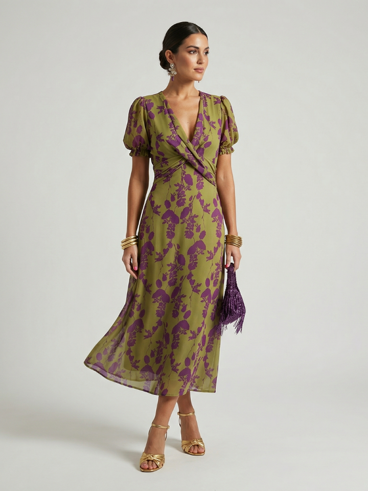 Women's floral wrap midi dress with V-neck, perfect for spring & summer fashion.