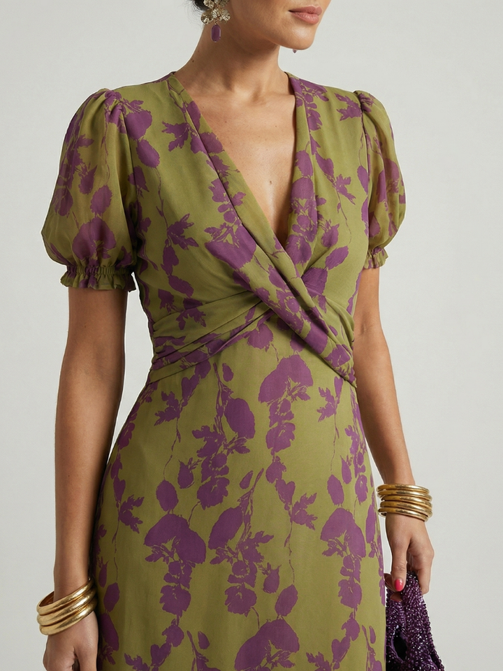 Feminine floral print wrap midi dress, featuring a flattering V-neck and comfortable, effortless style.